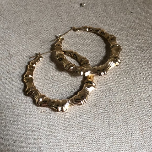 RETRO 1990s 8K Gold Bamboo 2" Round B Girl Hoops hoop Earrings Vintage Chic - Picture 3 of 5